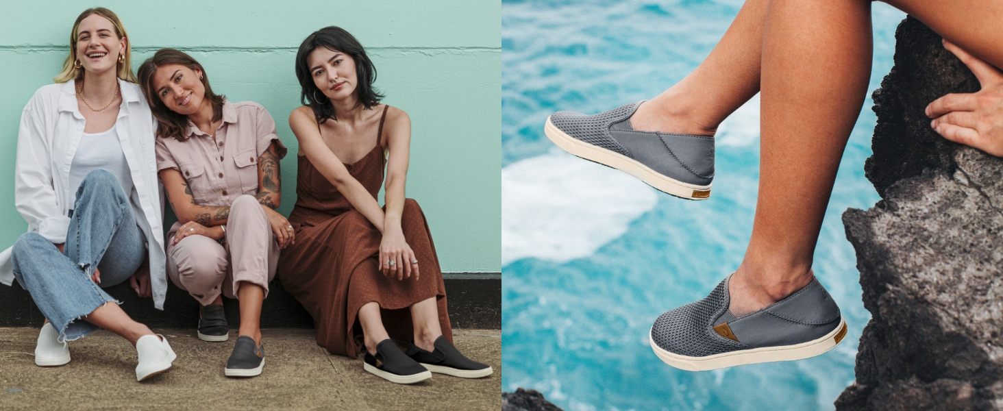 women wearing Pehuea slip on sneakers, closeup of Pehuea shoes on dangling feet