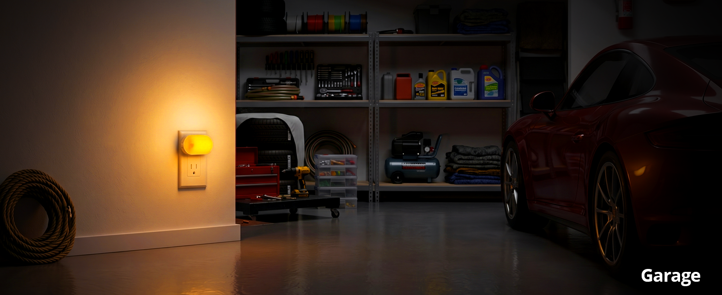 Ultra-bright 120LM plug-in night light for a dark garage.