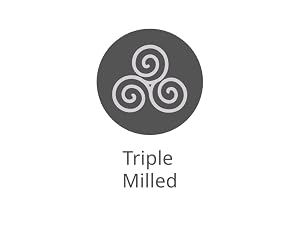 Text reads 'Triple Milled'. Gray circular icon containing white triple spiral symbol with text below on white background.