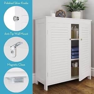 Floor cabinet displayed in room. Includes silver knobs, wall mounts &amp; magnetic close