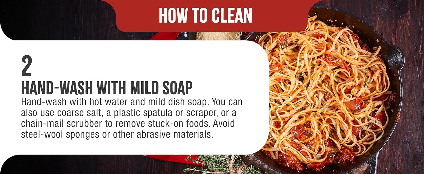 A cast-iron skillet frying pan cooking pasta. Text reads: Hand-wash with mild soap.
