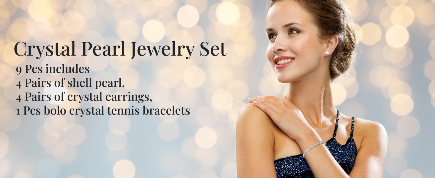 9pcs Crystal Pearl Jewelry Set - 4pcs Shell Pearl Earrings, Crystal Earrings Crystal Tennis Bracelet