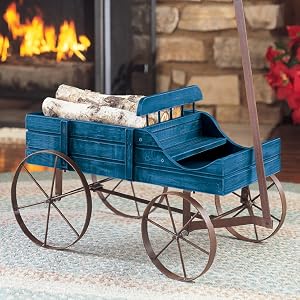 Blue wooden country wagon display