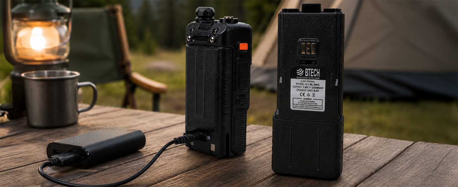 BF-F8HP PRO charging by USB-C from a power bank beside an upgraded battery at a campsite.