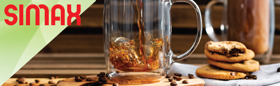 Glass mug with tea and cookies
