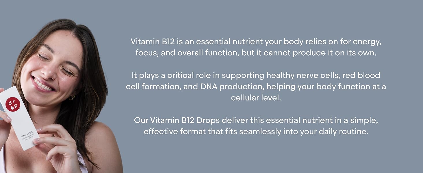 girl smiling holding a box of vitamin b12 drops