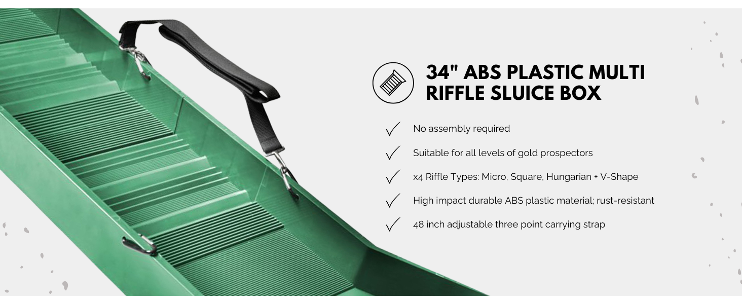 34 inch green multi riffle plastic sluice box product image with bullet points infographic