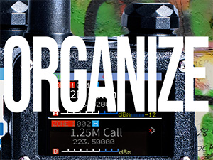 BF-F8HP PRO screen close-up with bold ORGANIZE text highlighting channel and zone management.