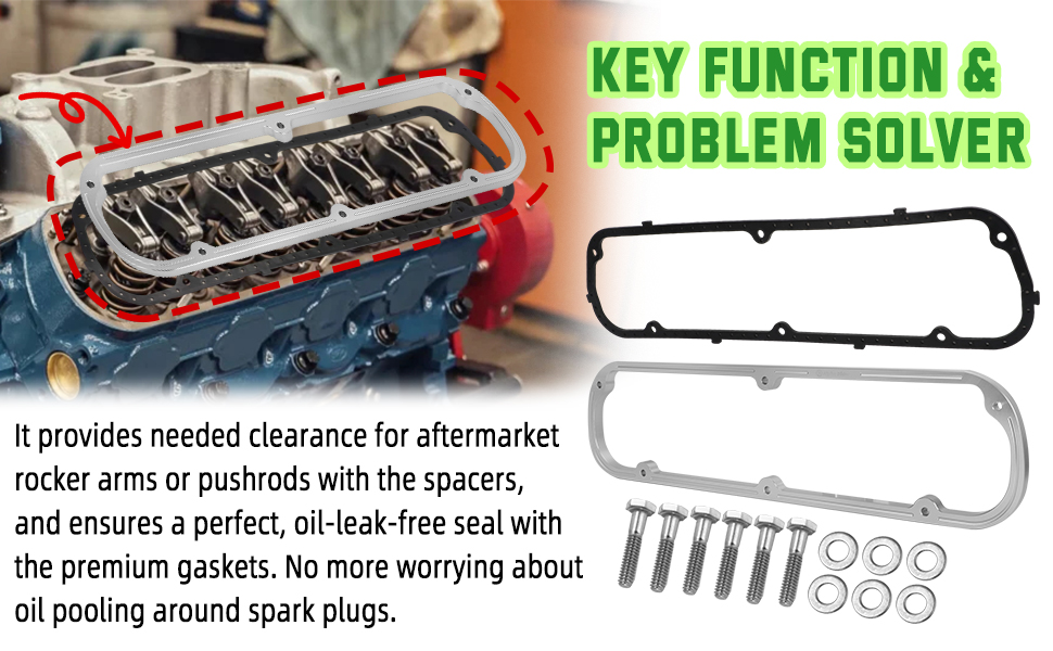 For Ford Valve Cover Spacers and Gasket Kit with Bolts- 1/2 inch Aluminum Spacers with Steel