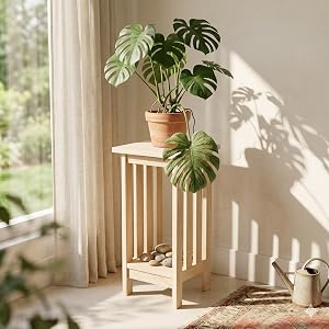 Wood plant stand with plant on it