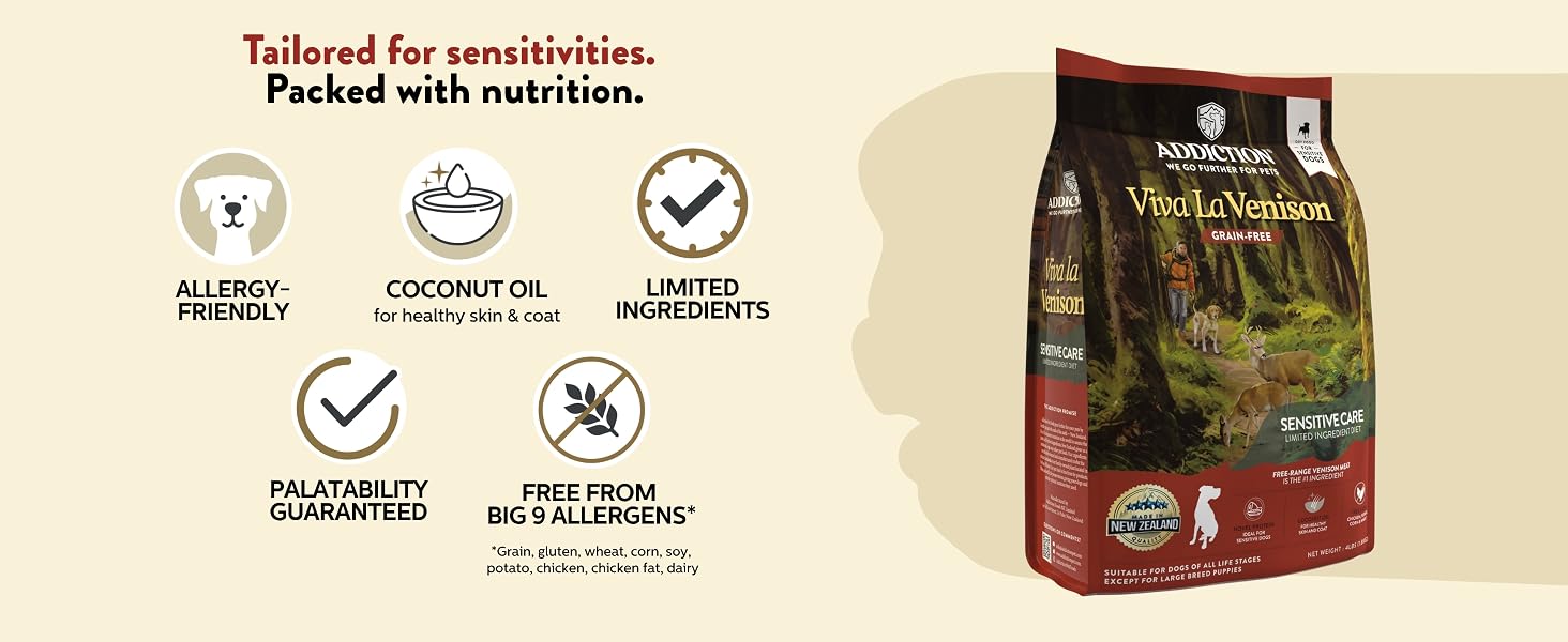 Addiction venison dog food is Packed with beneficial prebiotics that promote a healthy gut