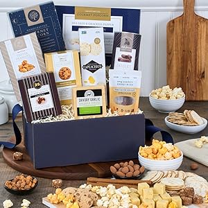 Snack and chocolate foods inside a gift basket