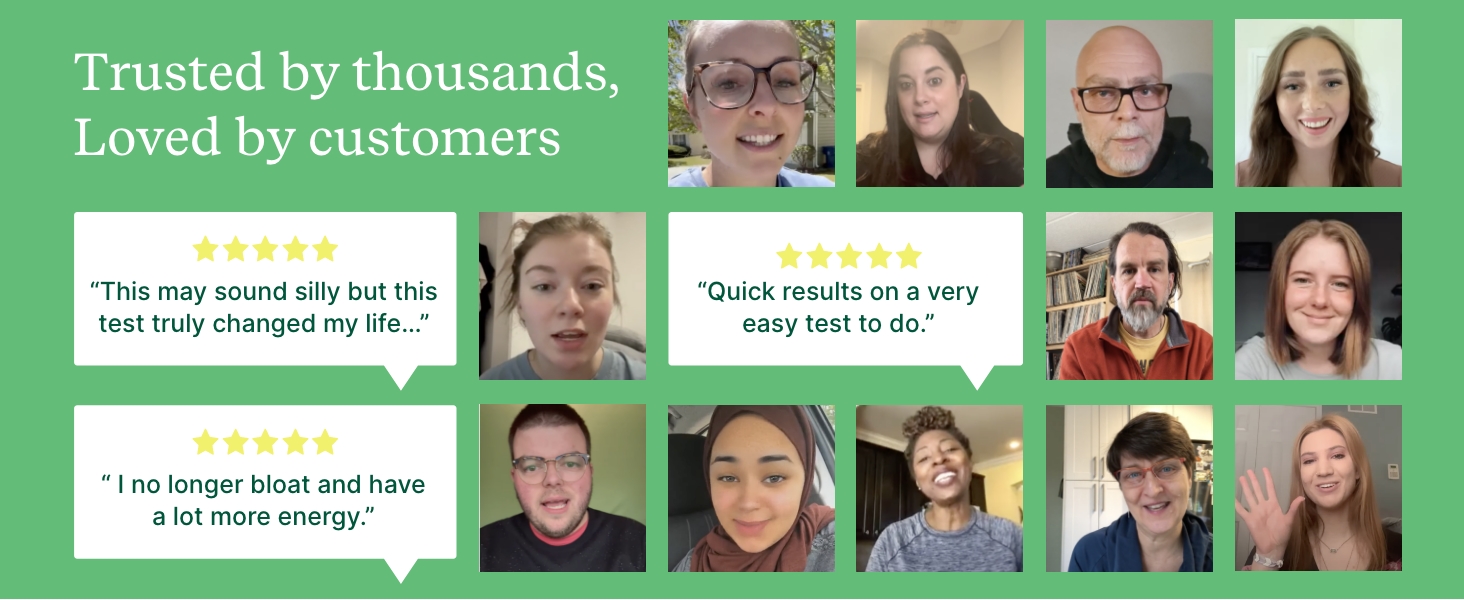 Image shows customer testimonials with videos and reviews for a food sensitivity testing kit