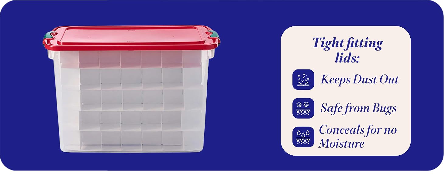 clear plastic storage bin with blue latch and tight-fitting lid to keep dust, bugs, and moisture out
