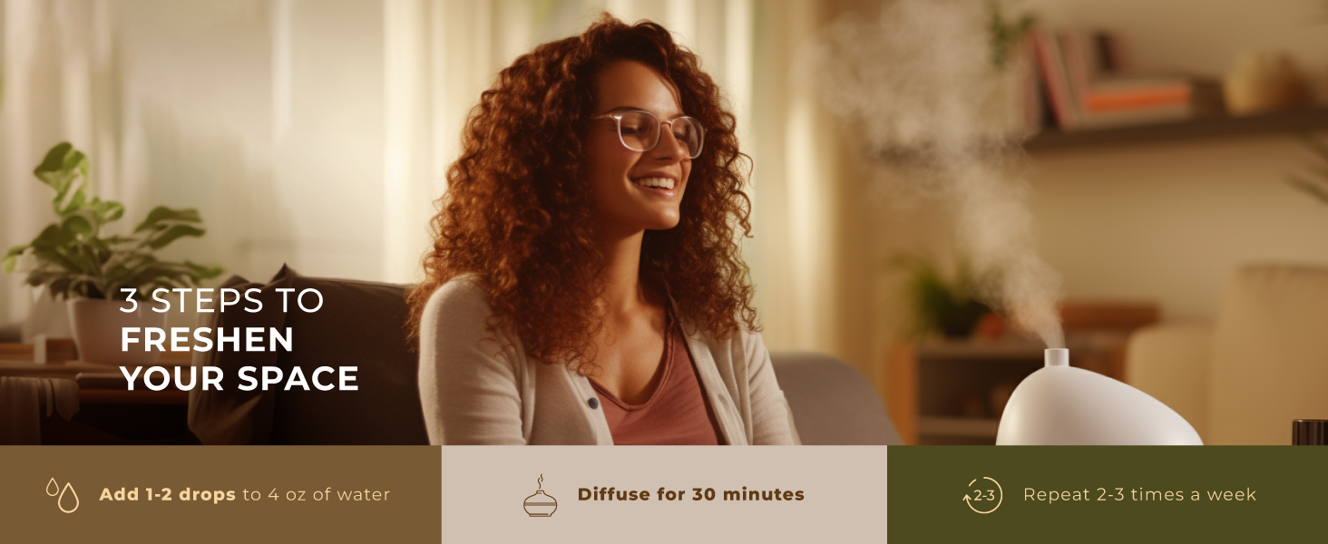 Infographic showing '3 Steps to Freshen Your Space' with icons and instructions for diffuser usage timing.