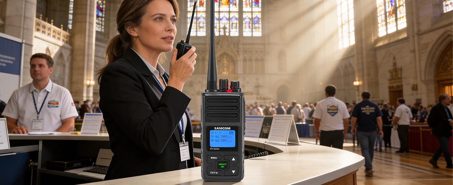 &amp;amp;#34;A volunteer coordinator at a large church event holds a walkie-talkie to their ear