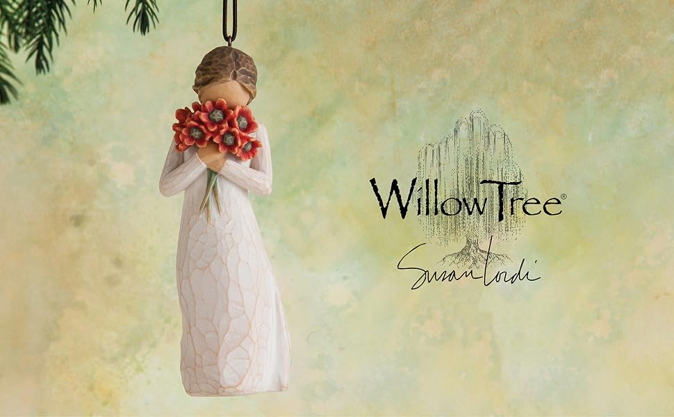 Willow Tree Surrounded by Love ornament holding large bouquet of red-orange poppies up to face.