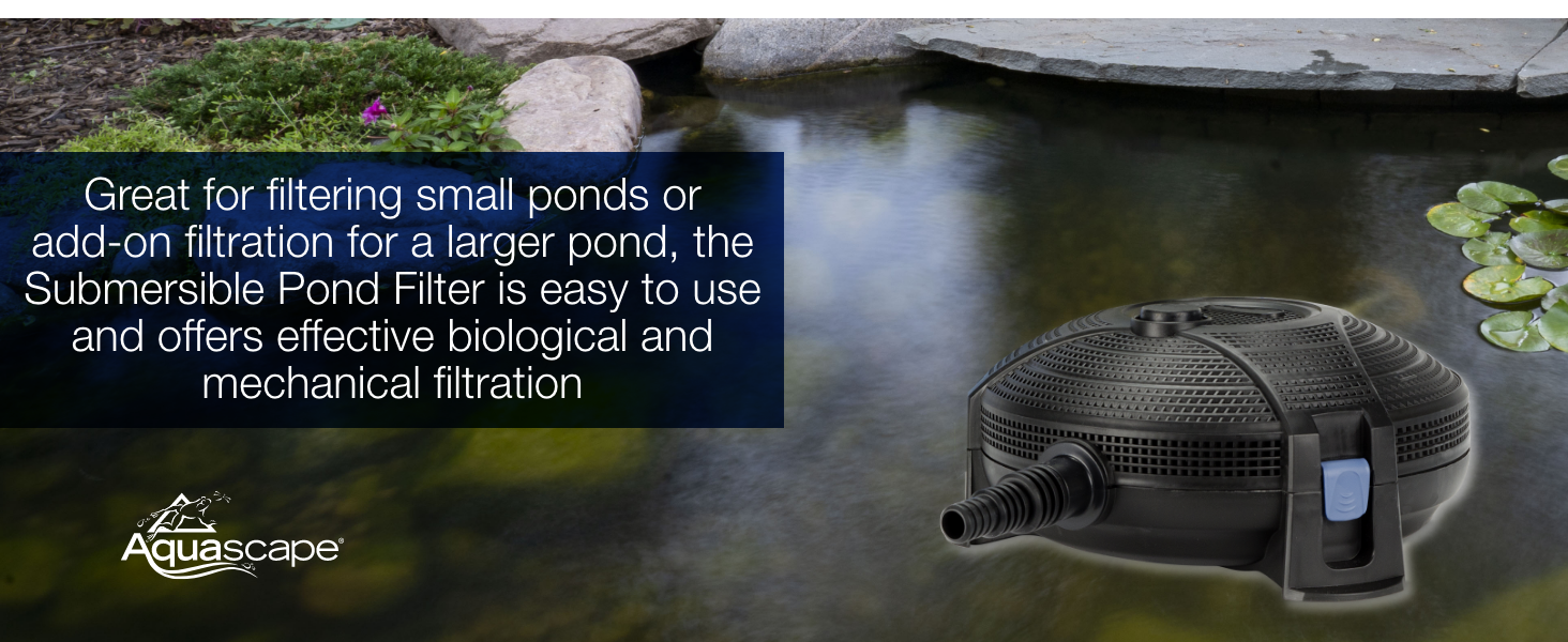 Submersible pond filter shown with pond