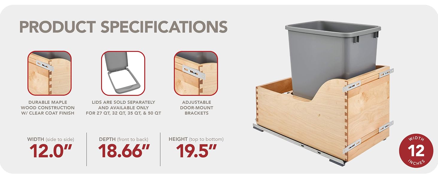 Rev-A-Shelf Single Pullout Trash Can 35 qt. w/ Soft-close Slides, 4WCSC-1535DM-1