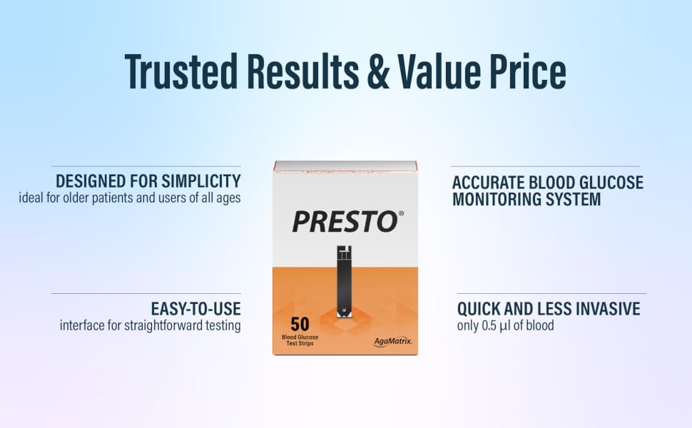AgaMatrix Presto Blood Glucose Test Strips, 50ct, Accurate, Reliable, Compatible with Presto Meter