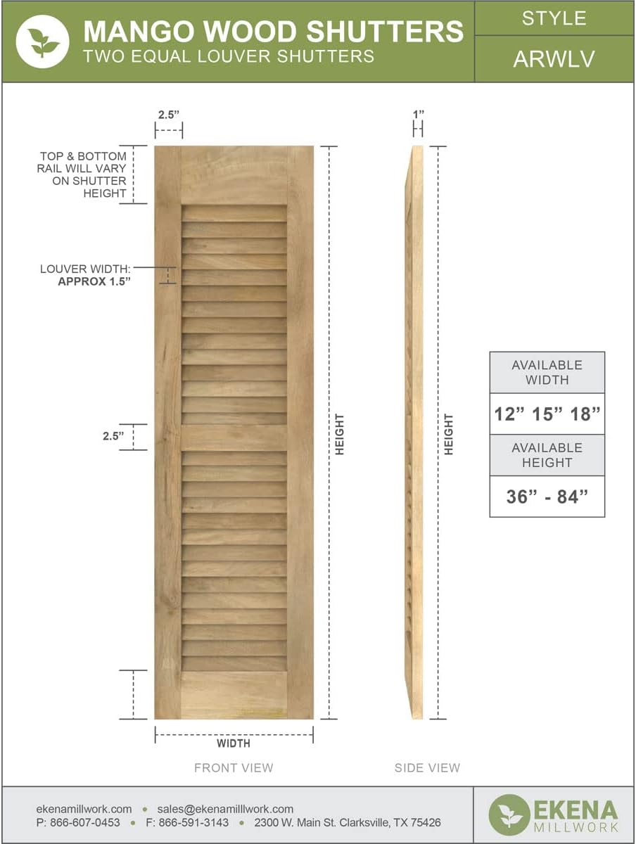 12"W x 72"H Americraft Two Equal Louver Exterior Real Wood Shutters (Per Pair), Unfinished