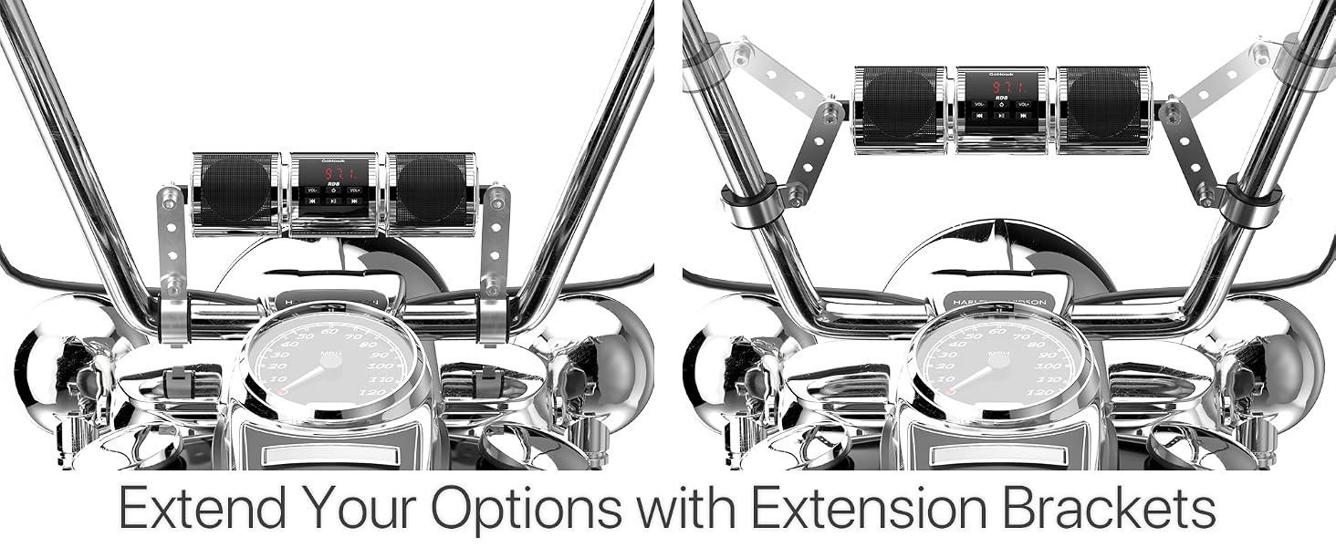 Adjustable extension brackets let you position Bluetooth motorcycle speakers for the best fit.