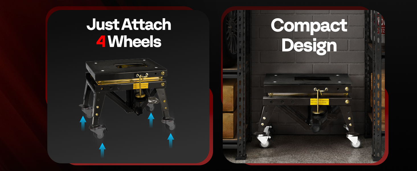 This compact motorcycle lift stand comes with detachable wheels for easy movement and storage.