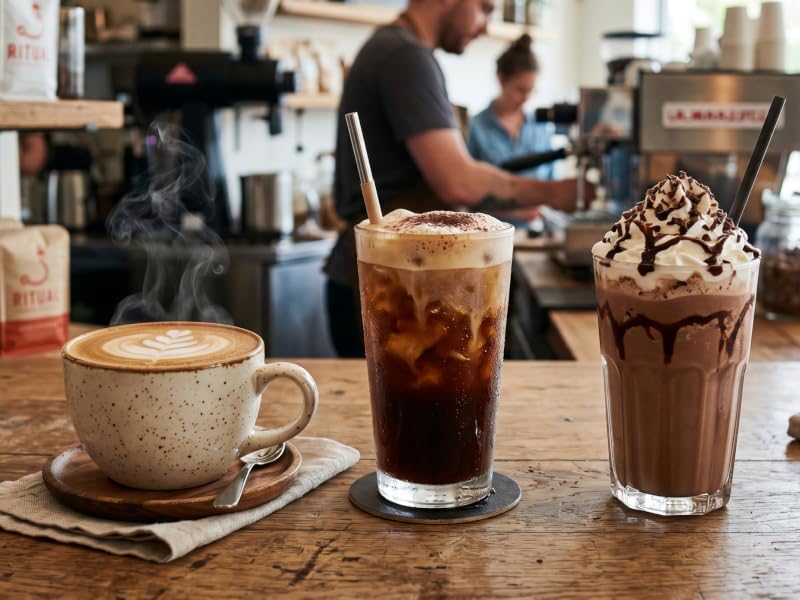 three types of coffee beverages barista made featuring protein powder
