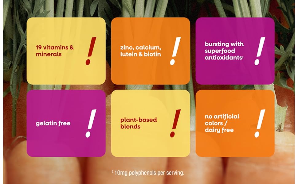 Yellow, orange, pink text boxes on top of a carrot background