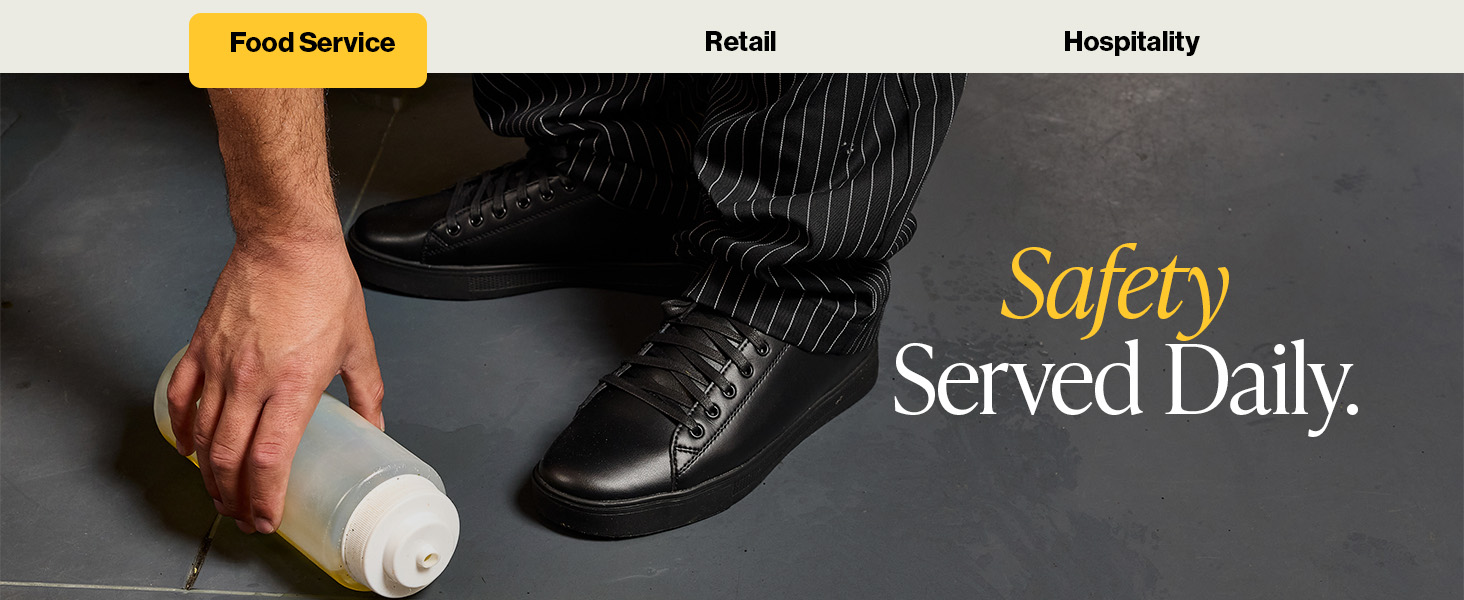 Sneaker in a kitchen setting with text saying safety served daily
