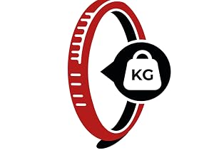 Red and black icon showing a circular band with measurement marks and a weight symbol displaying 'KG'.
