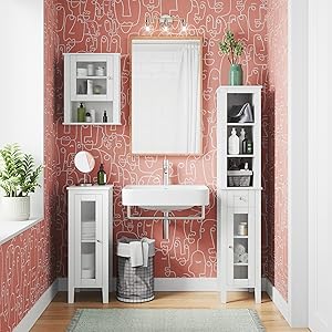 prescott collection displayed in pink bathroom with large wall mirror