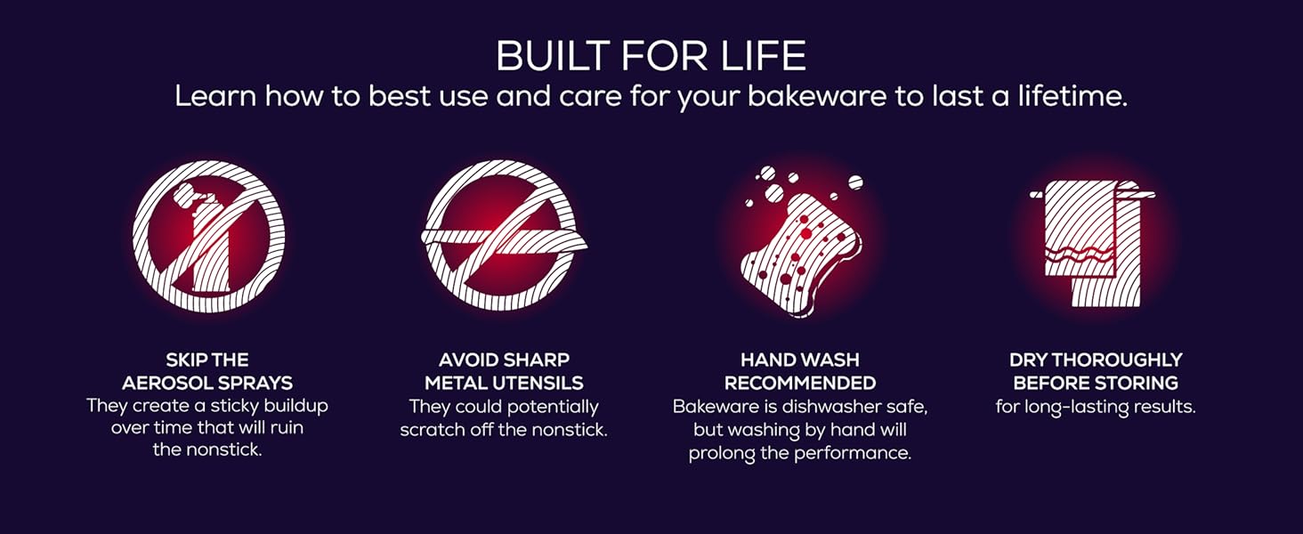 no aerosol sprays, hand wash recommended, avoid sharp utensils, dry thoroughly before storing