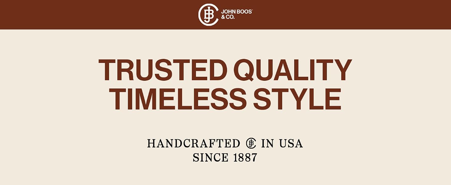 John Boos logo on dark brown box. Text: Trusted Quality, Timeless Style, Handcrafted USA Since 1887.