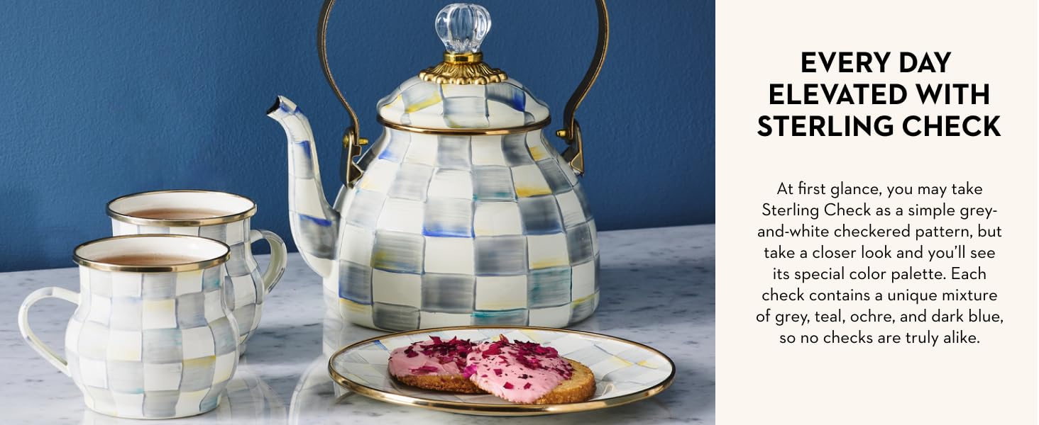 An enamel tea kettle on a stand. Text reads: Every Day Elevated with Sterling Check..