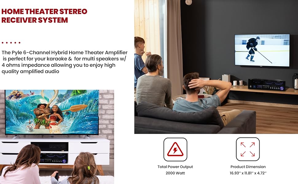 6-Channel Bluetooth Hybrid Home Amplifier - 2000W Home Audio Rack Mount Stereo Power Amplifier Rece