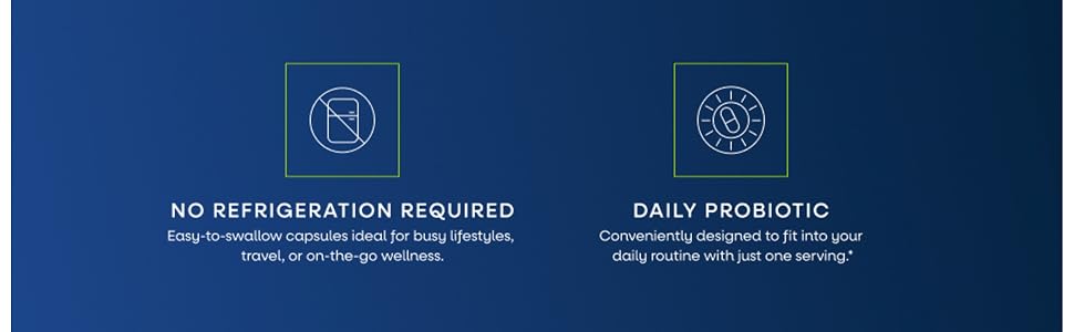 Icons for no refrigeration required and daily probiotic