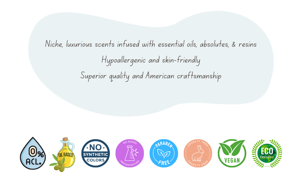 Luxurious, hypoallergenic, alcohol free, oil based, cruelty free, made in USA