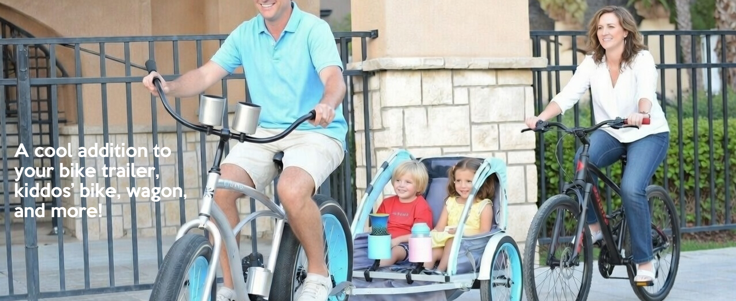 cups on bars as parent transports child as they get a drink from kids bike cup holder