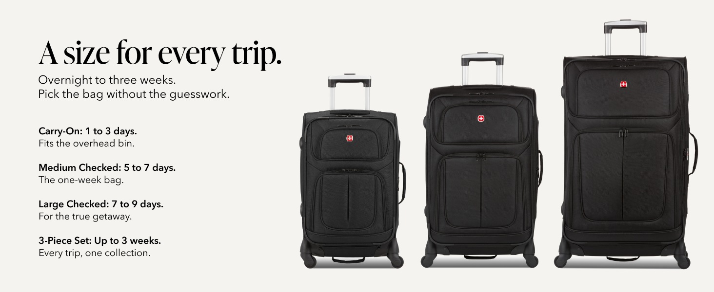 SwissGear Sion carry-on, medium checked, and large checked spinner sizes side by side