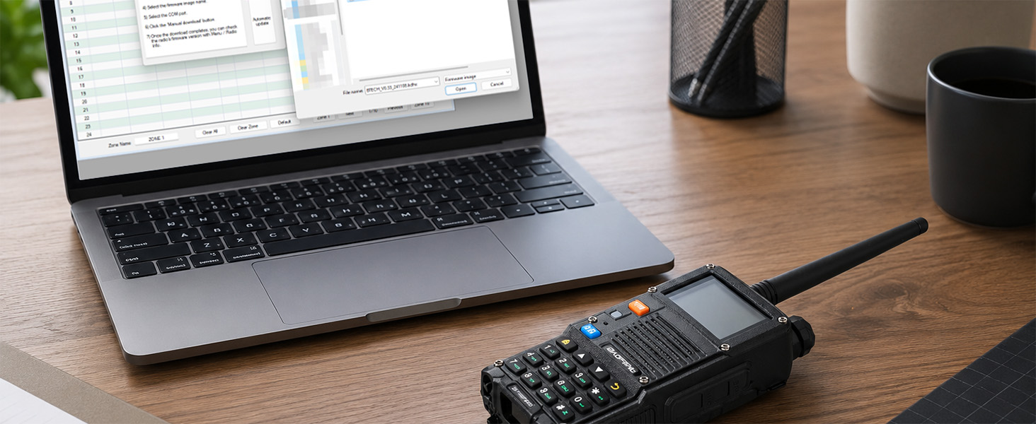 BF-F8HP PRO beside a laptop showing firmware update software, highlighting ongoing radio support.