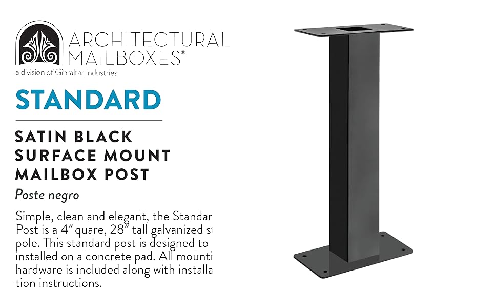 standard satin black surface mount mailbox post