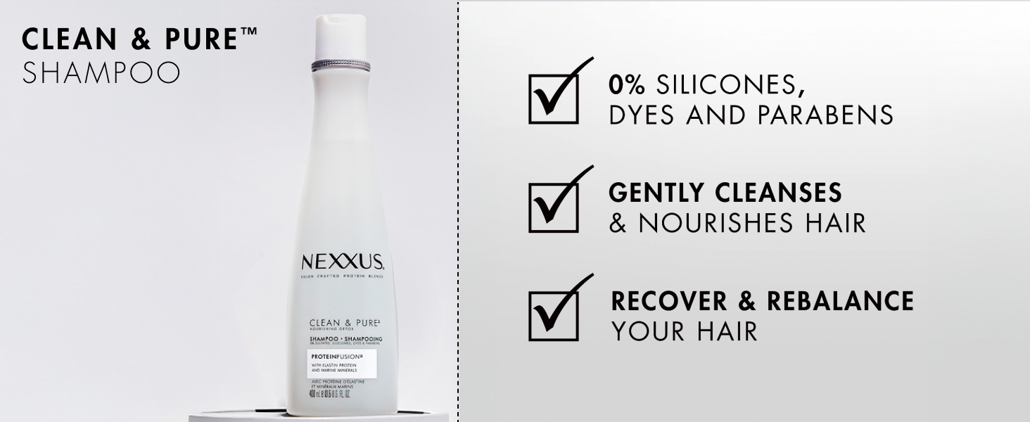Nexxus Clean &amp; Pure shampoo bottle next to text about main benefits.
