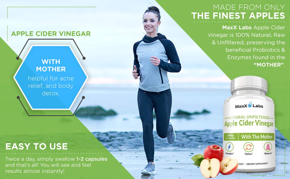 Raw Apple Cider Vinegar Capsules With Mother, Energy Booster, Non-GMO Supplements