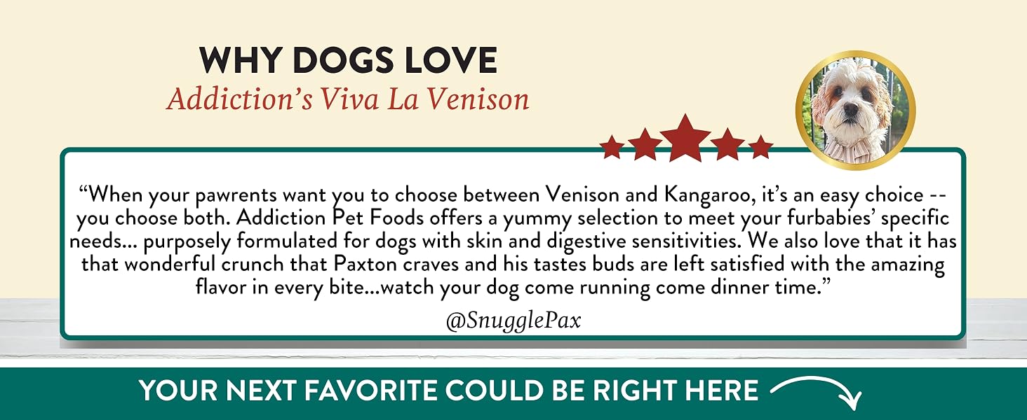 Addiction venison formula free from common allergens. Ideal for dogs with skin &amp; digestive