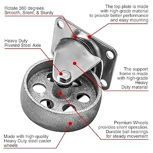 4 pcs 75 mm up to 520 kg steel gray heavy duty metal castor wheels caster no brake