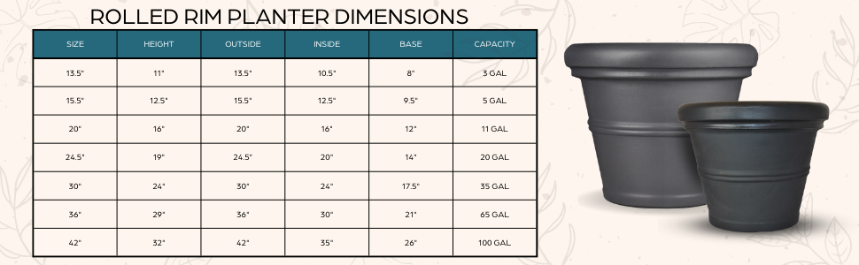 Rolled Rim Planter Dimensions Chart