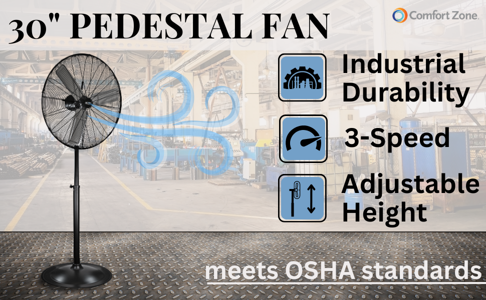 comfort zone 30 inch industrial pedestal fan 3-speed