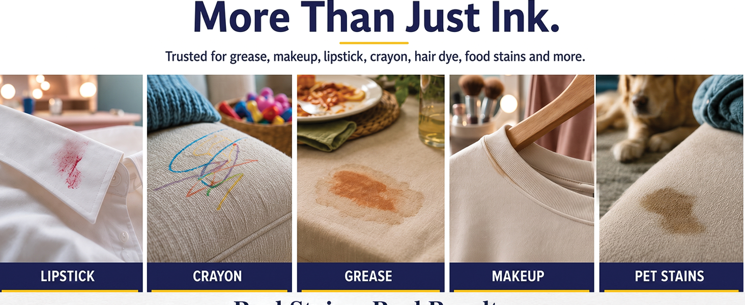Works for all stains including ink, wine, grease, makeup and food