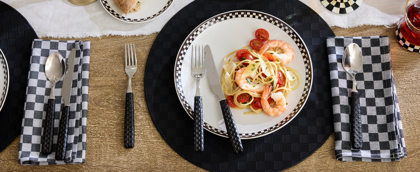 Everyday MC plate with Everyday MC flatware, check napkin, and round tonal check placemat.